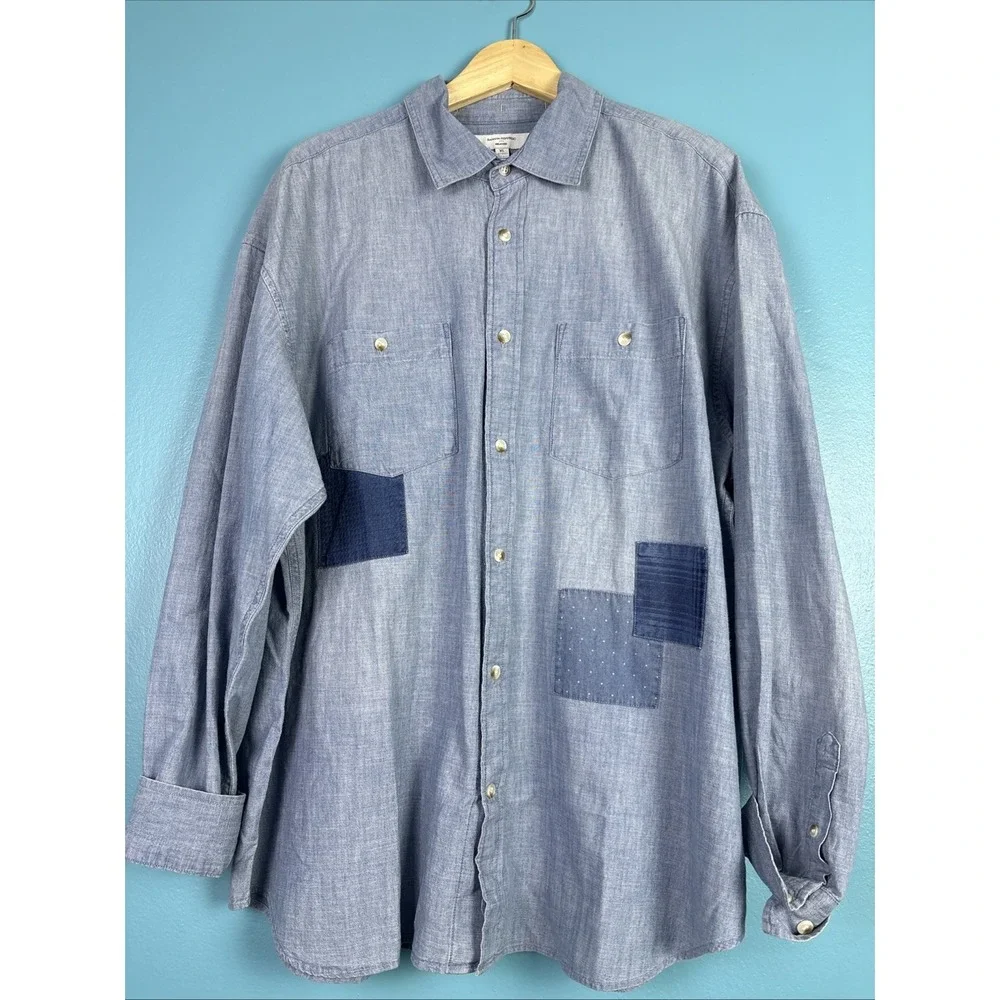 Banana Republic Shirt XL Blue Chambray Non Iron Relaxed Long Sleeve Patchwork